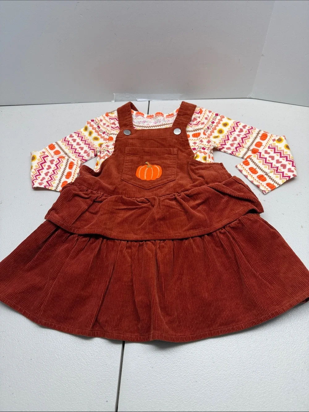The Children's Place Rust Orange Corduroy Pinafore Dress with top. NWT